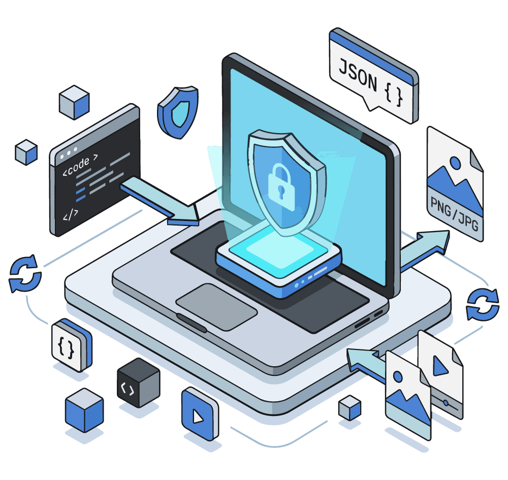 Illustration of converting files locally in the browser with a privacy lock